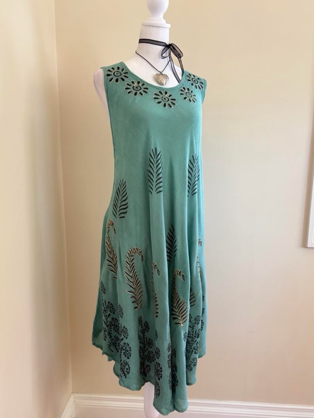Vintage 90s boho fairy embroidered floral paisley blue midi dress beach coverup